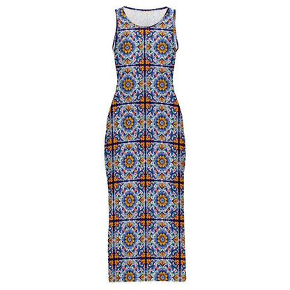 Baha Ranch Colores de Mexico Talavera Sleeveless Bodycon Side Slit Long Dress