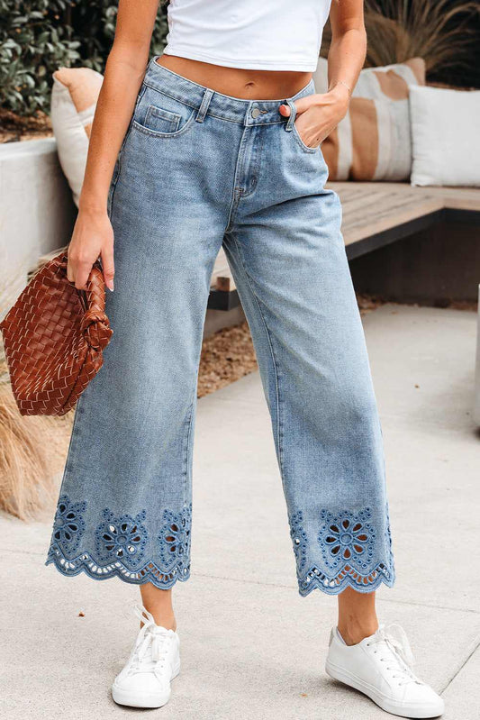 Threaded Pear Juliette Embroidered Cropped Wide Leg High Waist Jeans