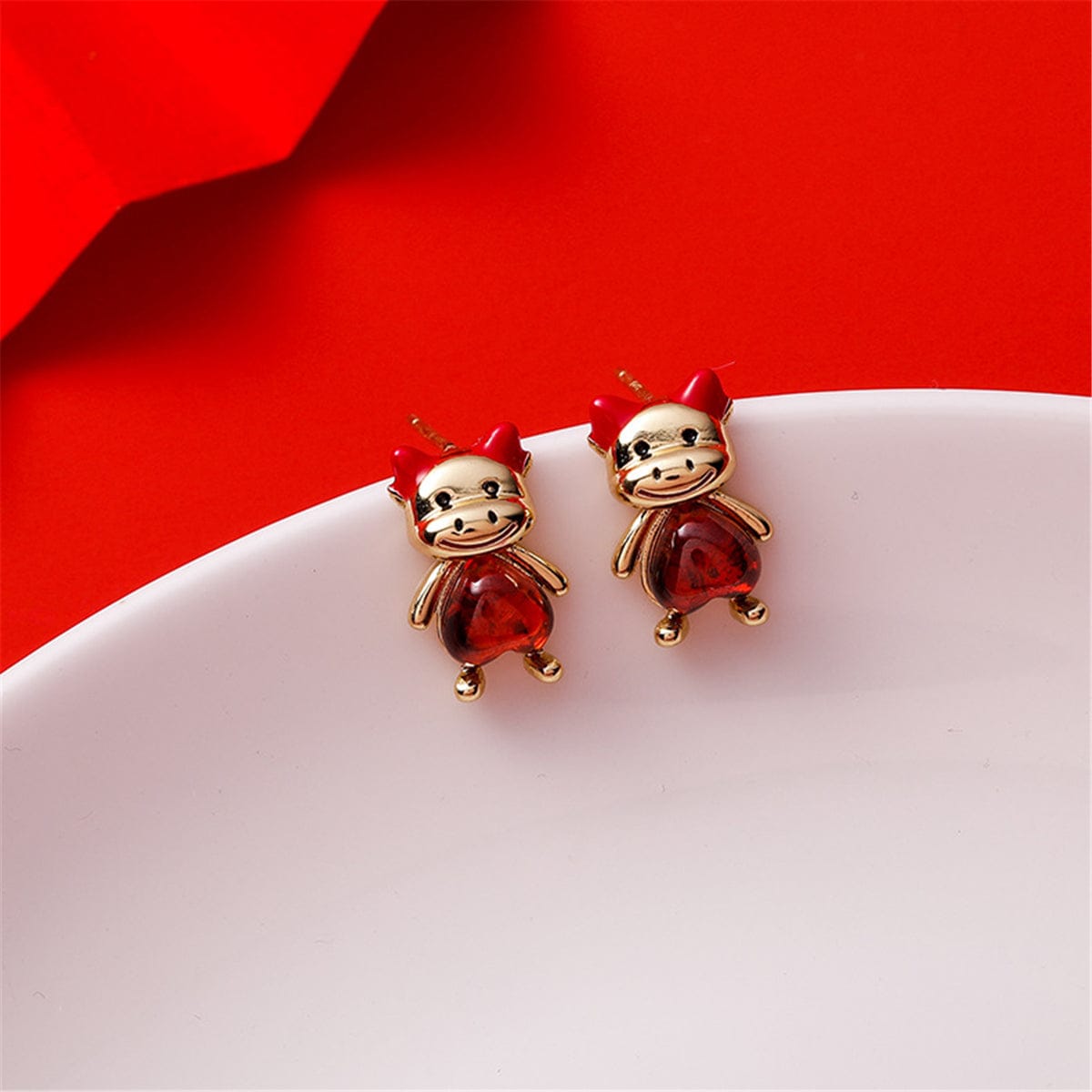 Red Crystal & Goldtone Heart Cattle Stud Earrings