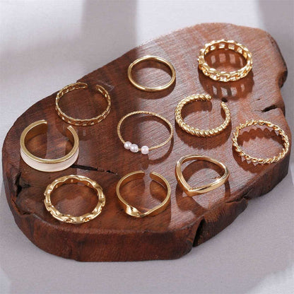 Pearl & Enamel Goldtone Twine Chain Ring Set