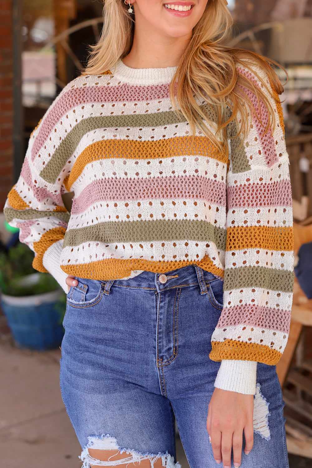 Caroline Striped Hollowed Knitted Loose Sweater - Multicolor / M - 8/10