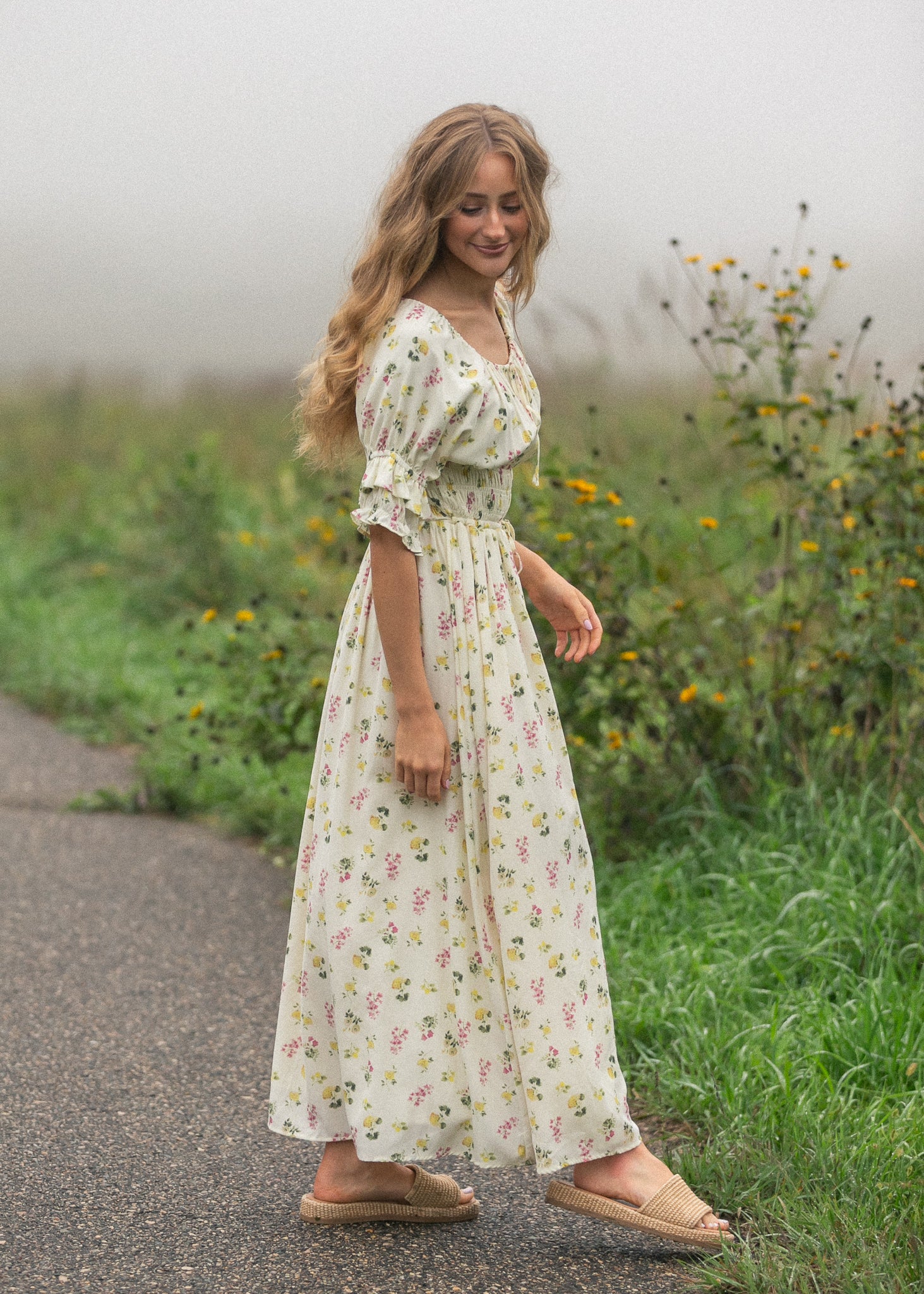 spring flower dresses Petal and Pup Women's Teigan Midi Dress The drawstring waist gives you the flexibility to make this dress as fit and flattering or easy and breezy as you want Celine Puff Sleeve Floral Maxi