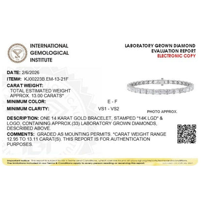 13Cttw Emerald Shaped Lab Grown Diamond (F/VS) Classic Line Bracelet in 14K Gold