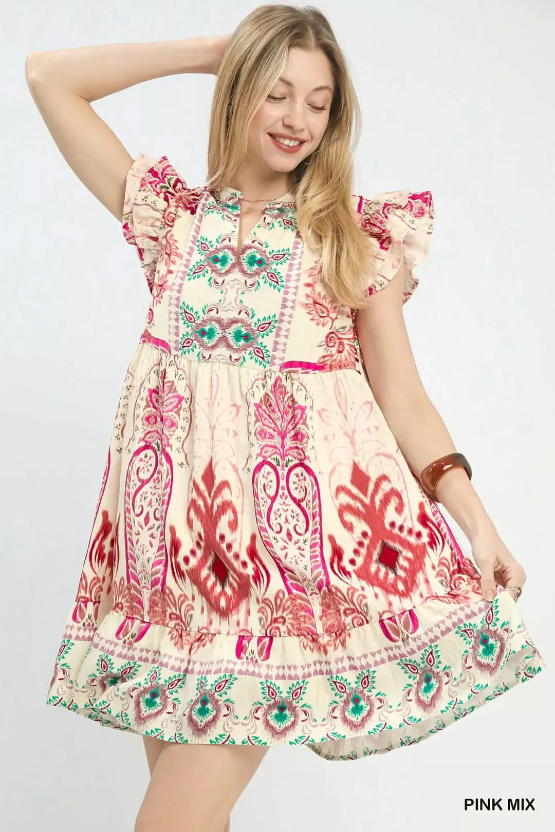 Umgee Mix Ruffle Sleeve Boho Print Dress