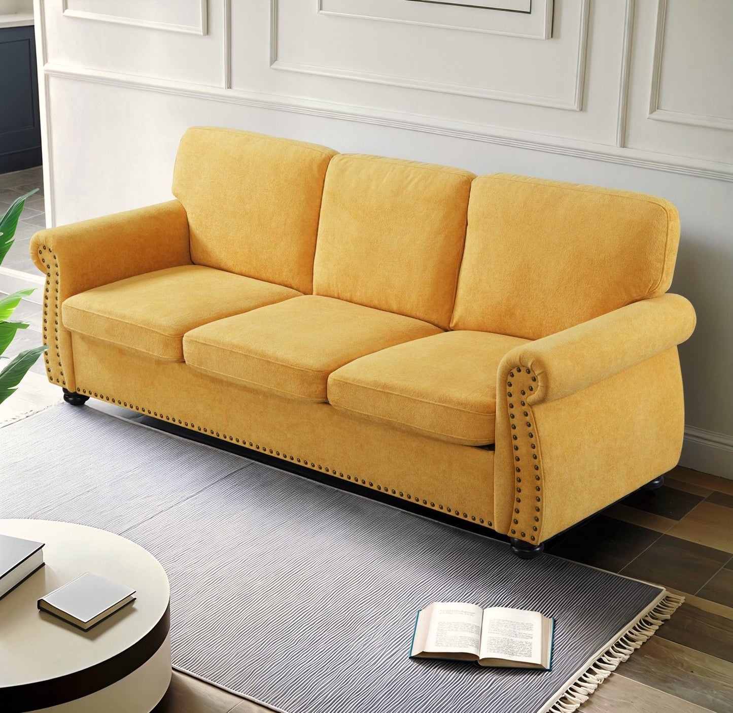 Soft Sofa, Upholstered 3 Seater Couch With High Density Foam, Loose Back Cushions and Turned Legs