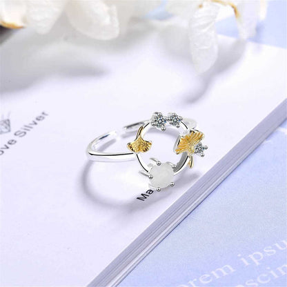 Cubic Zirconia & Catseye Ginkgo Leaf Open Ring
