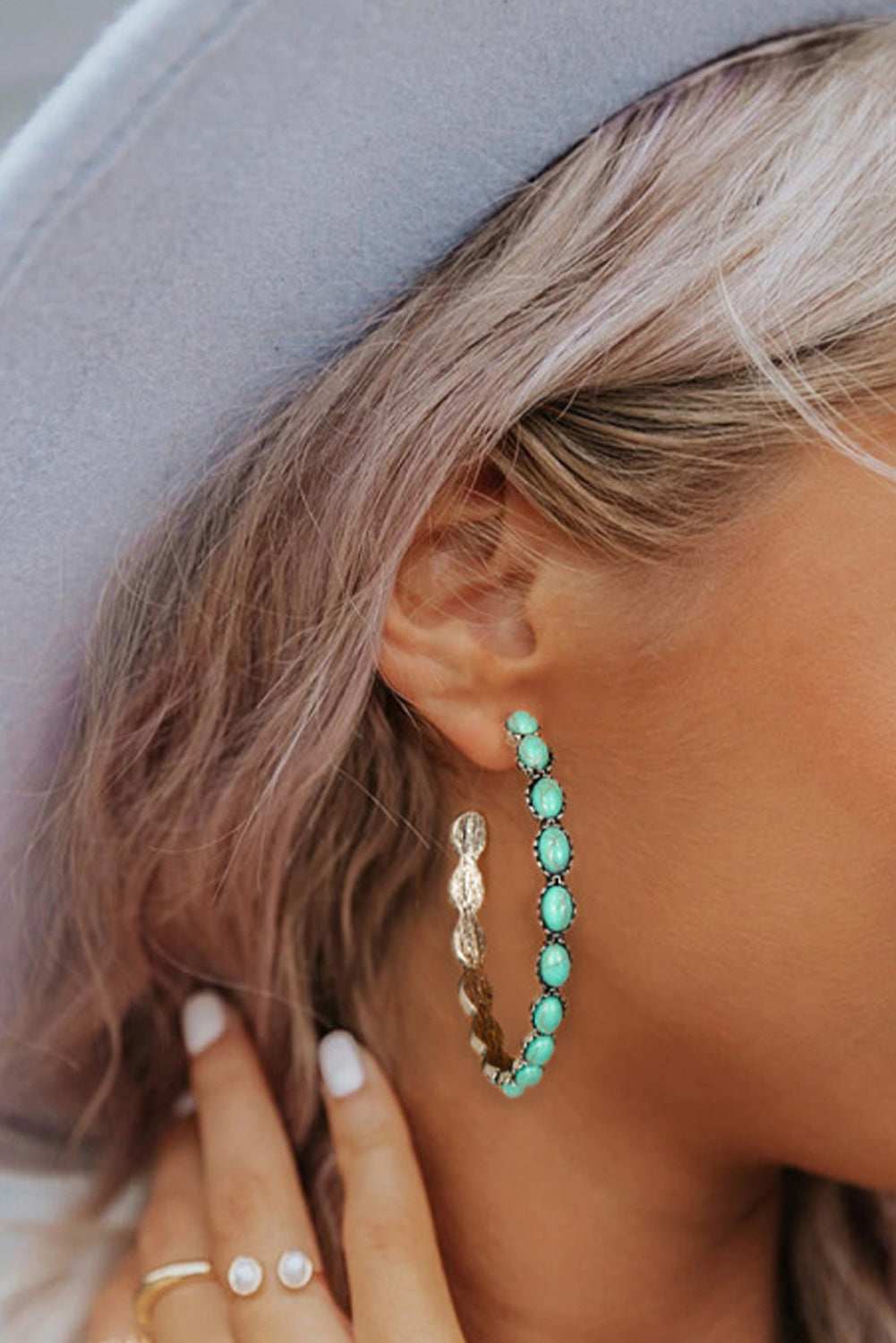 Sky Blue Gem Inlay Retro C-shape Earrings - Pink / ONE SIZE / Alloy