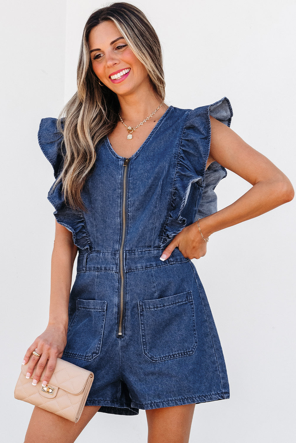 Threaded Pear Amora Denim Ruffled Zipped Front Belted Romper