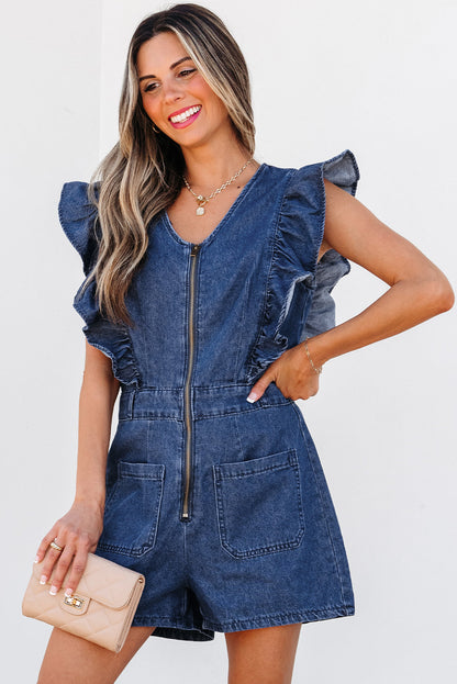 Threaded Pear Amora Denim Ruffled Zipped Front Belted Romper