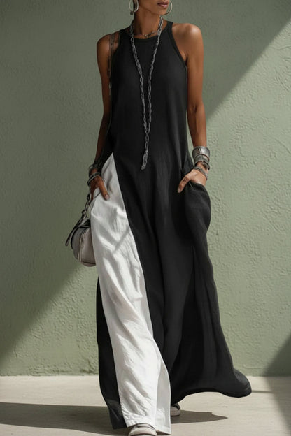 Off-Shoulder Color-Block Flared Maxi Dress with Pockets