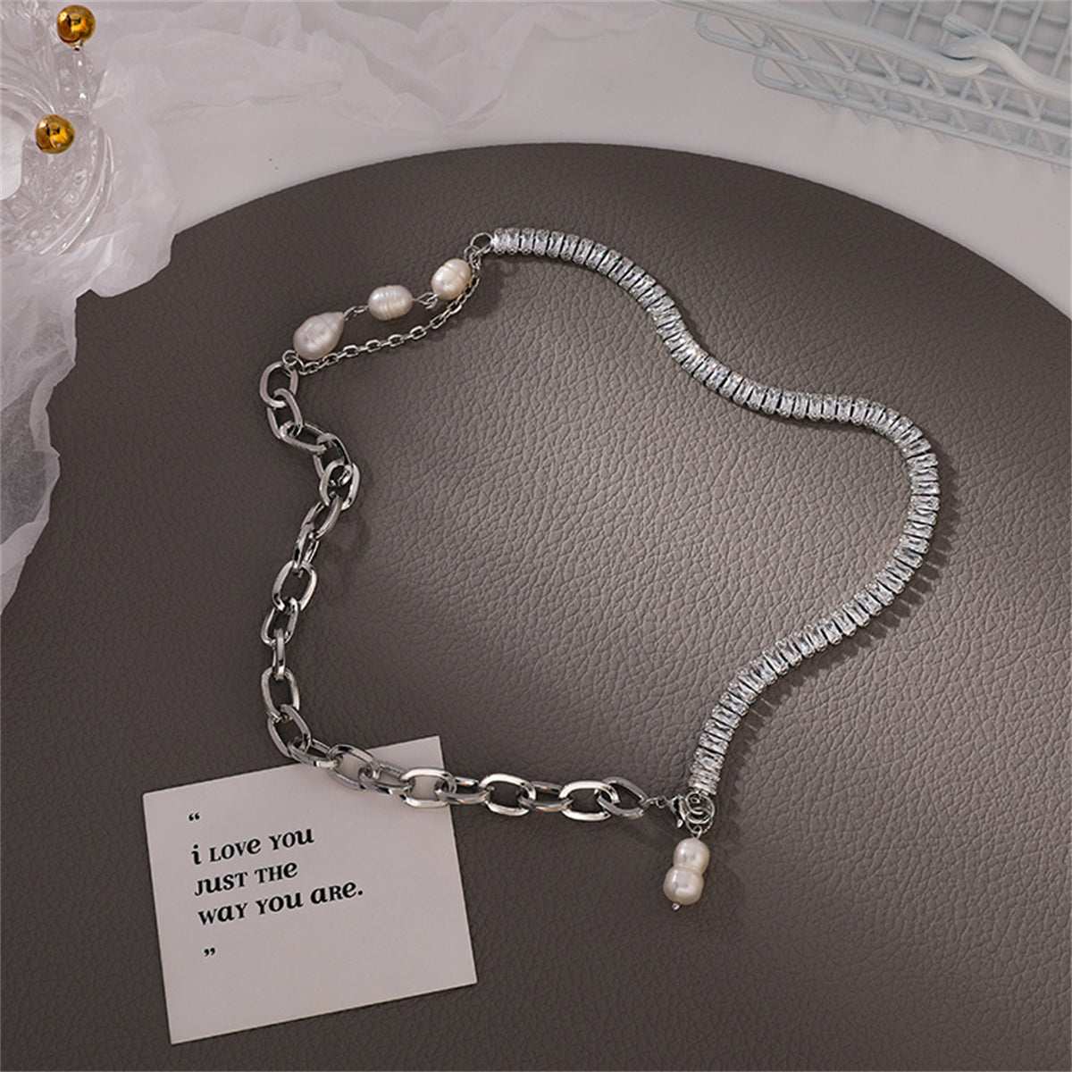 Crystal & Pearl Silvertone Patchwork Necklace