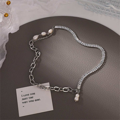 Crystal & Pearl Silvertone Patchwork Necklace