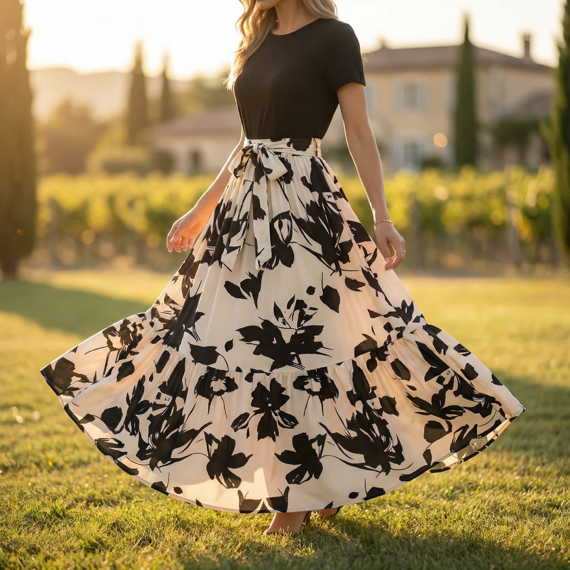 Aria Romance Short-Sleeve Round-Neck Printed Maxi Dress Black / S