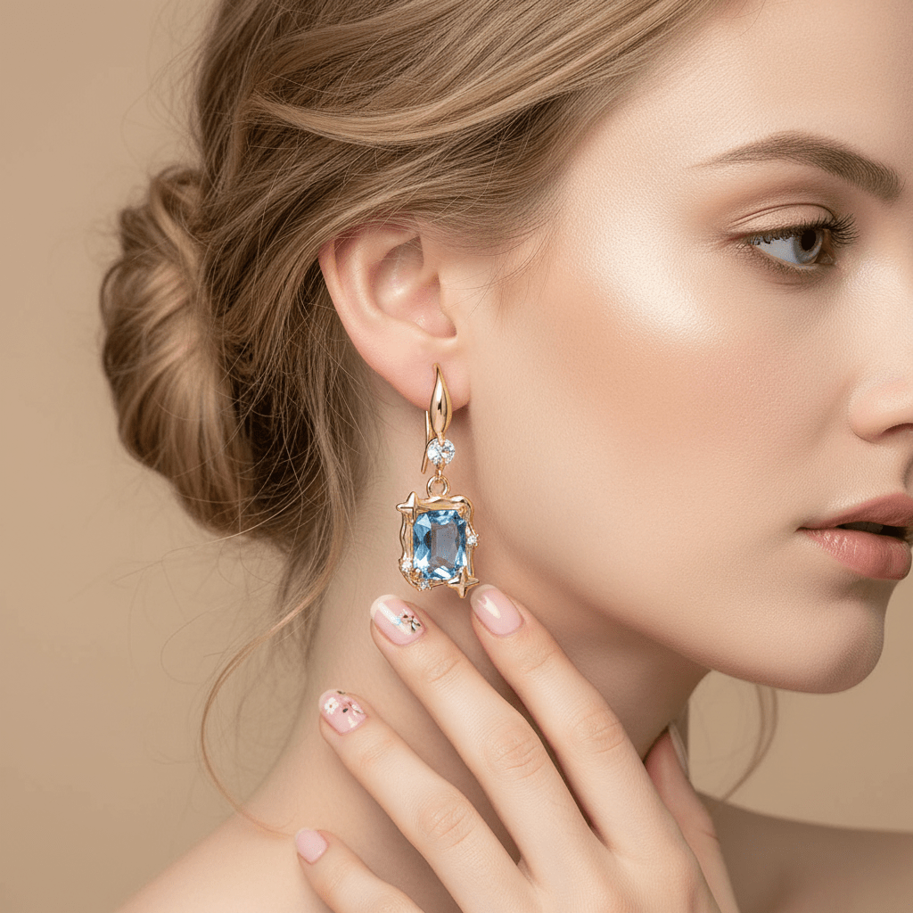 Blue Topaz & Cubic Zirconia Goldtone Cushion-Cut Star Hook Earrings