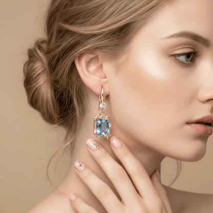 Blue Topaz & Cubic Zirconia Goldtone Cushion-Cut Star Hook Earrings