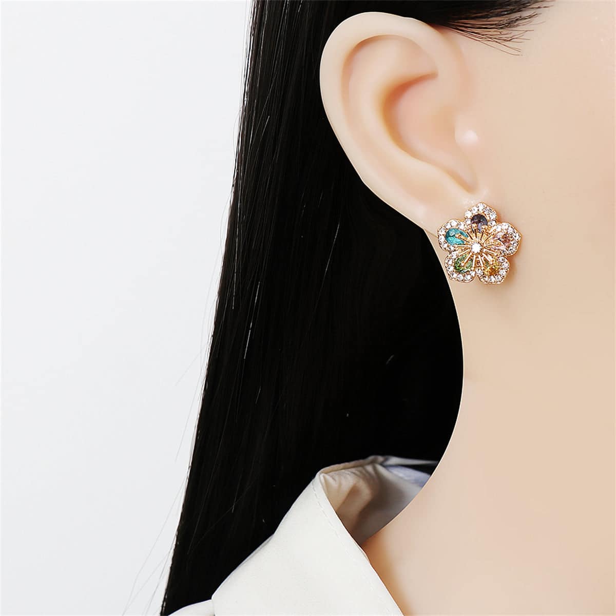Teal Multicolor Crystal & Cubic Zirconia Flower Stud Earrings
