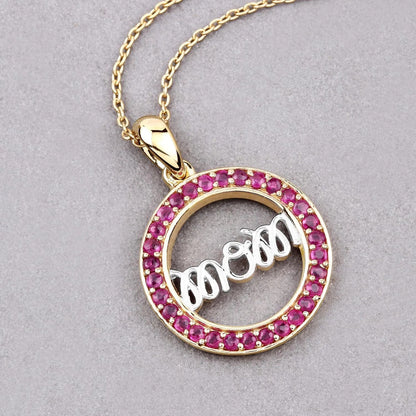 Round Pink Ruby Prong Gold Plated Silver Mom Circle Pendant Necklace