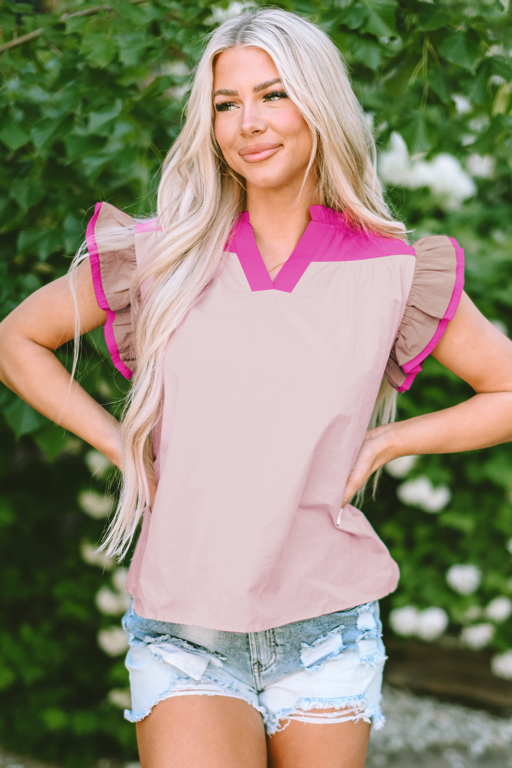 Threaded Pear Maci Ruffled Sleeve Frill V Neck Blouse