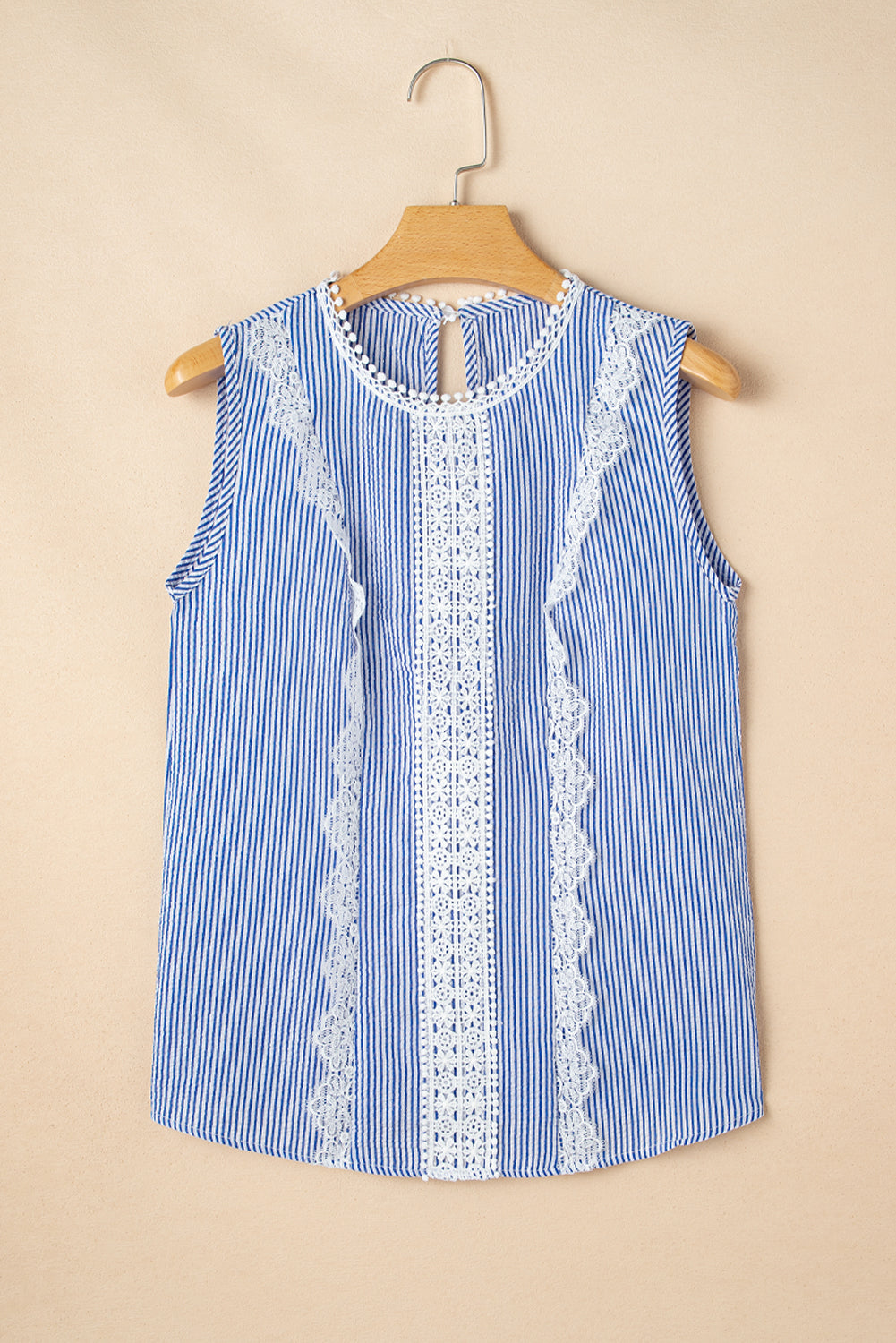 Threaded Pear Meredith Stripe Lace Patchwork Crew Neck Tank Top