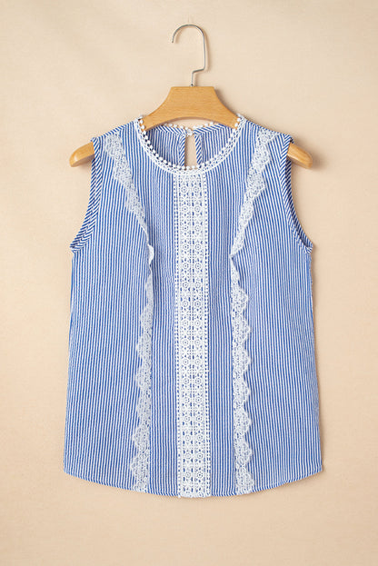 Threaded Pear Meredith Stripe Lace Patchwork Crew Neck Tank Top