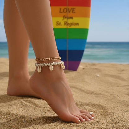 Genuine Shell & Goldtone Irregular Beads Anklet Set