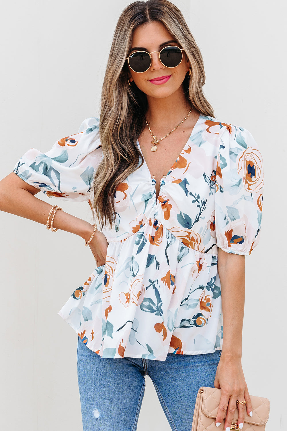 Threaded Pear Salome Floral Puff Sleeve V Neck Babydoll Blouse