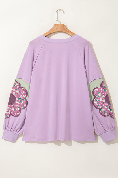 Threaded Pear Phalaenopsis Flower Patch Colorblock Plus Size Pullover Top