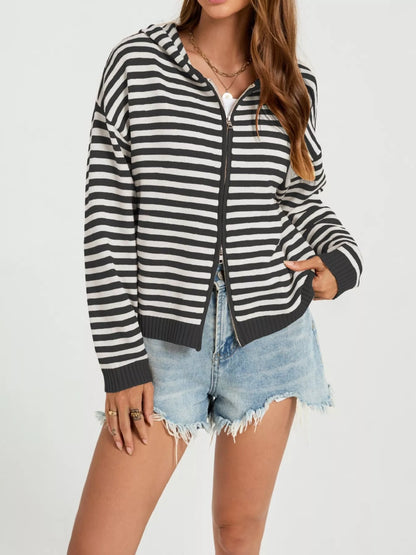 Striped Hooded Zip-Up Knit Cardigan