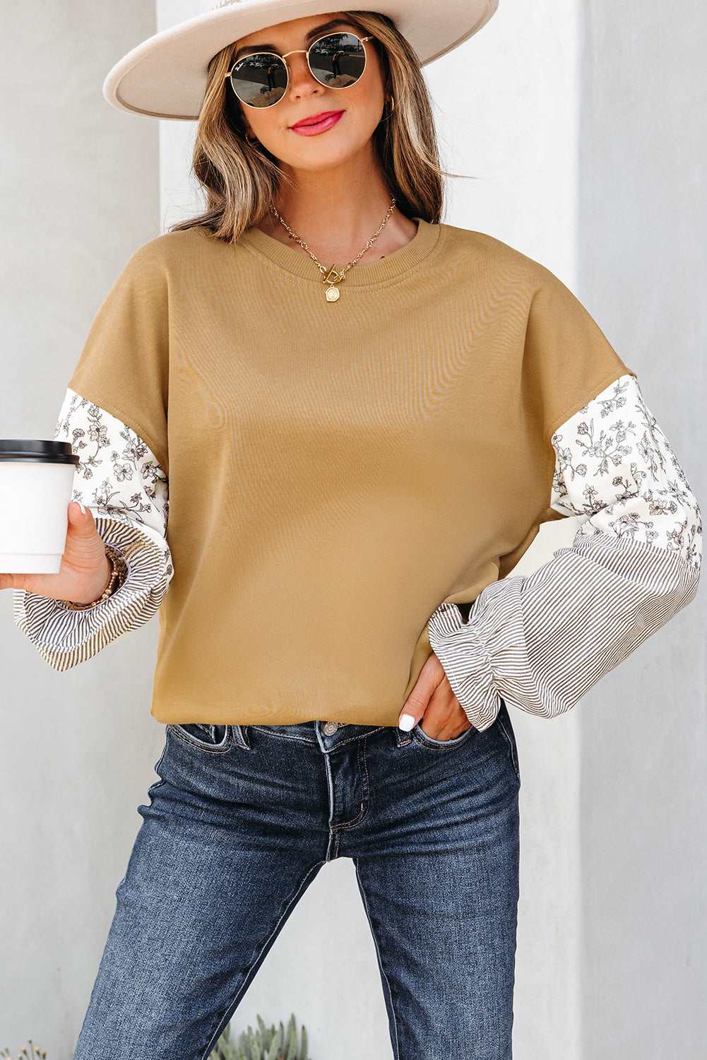 Beazita Patchwork Ruffled Sleeve Sweatshirt - Camel / L - 12/14