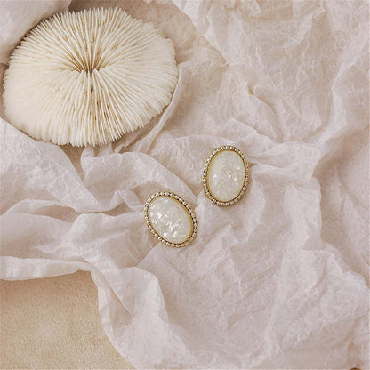 White Resin & Goldtone Oval Stud Earrings