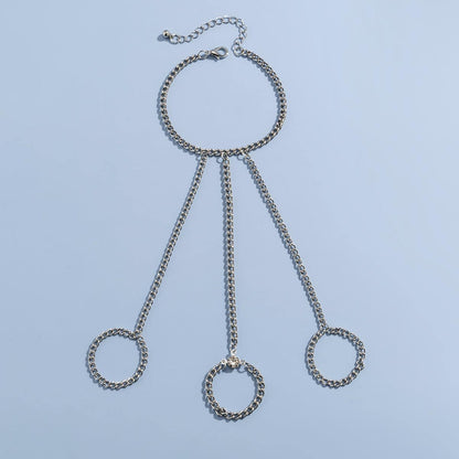 Cubic Zirconia & Silvertone Thin Tri-Ring Wrist-To-Ring Bracelet