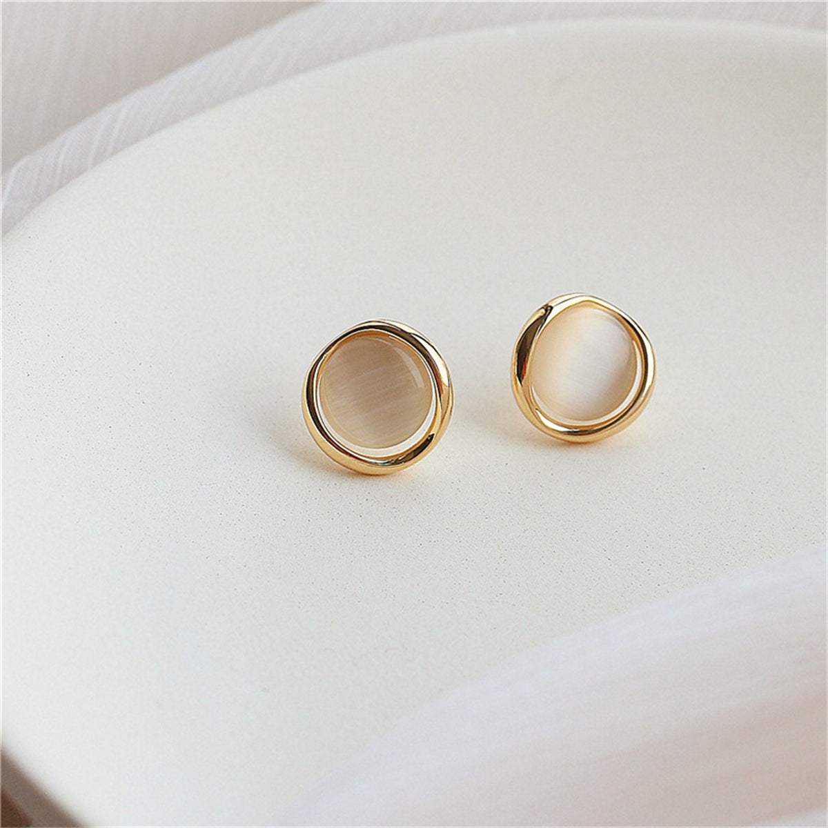 Cats Eye & Goldtone Round Stud Earrings
