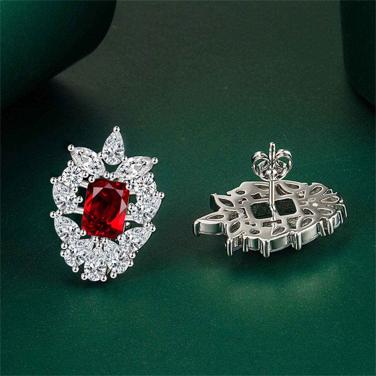 Red Crystal & Cubic Zirconia Cluster Stud Earrings