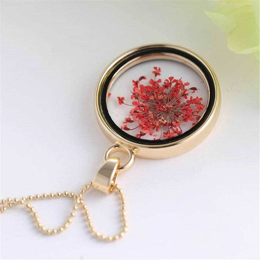 Red Pressed Gypsophila & Goldtone Round Pendant Necklace