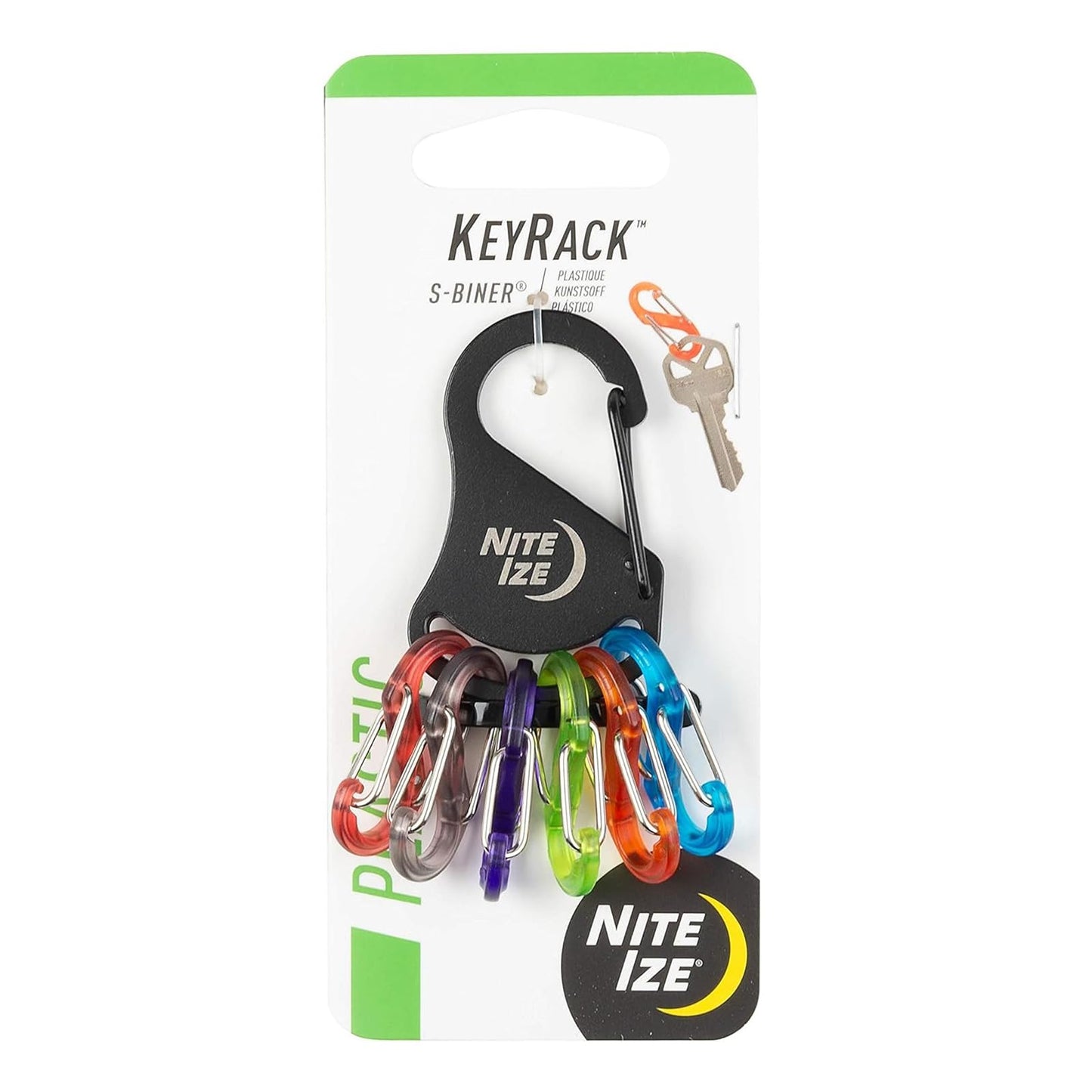 Nite Ize Keyrack, Stainless Steel Carabiner Key Chain with 6 Colorful Plastic S-Biners to Hold + Identify Keys, Bright Multi Colored