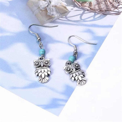 Turquoise & Silvertone Owl Drop Earrings