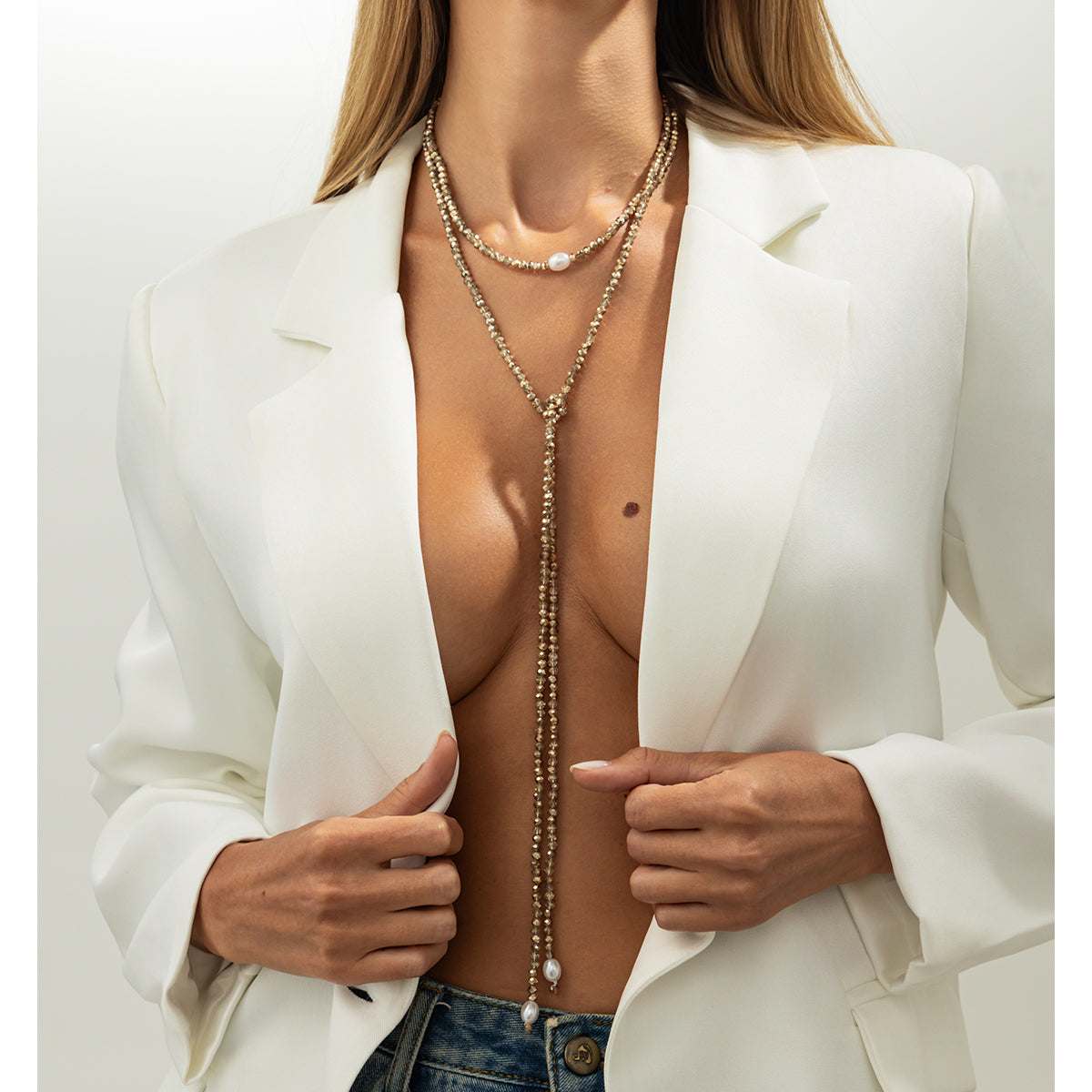 Champagne Acrylic & Pearl Long Chain Necklace