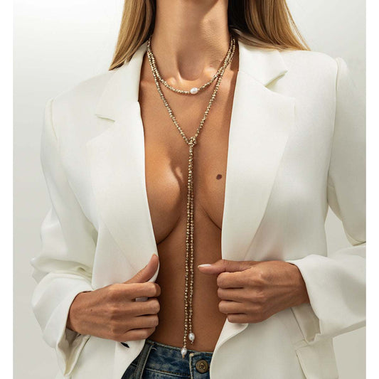 Champagne Acrylic & Pearl Long Chain Necklace