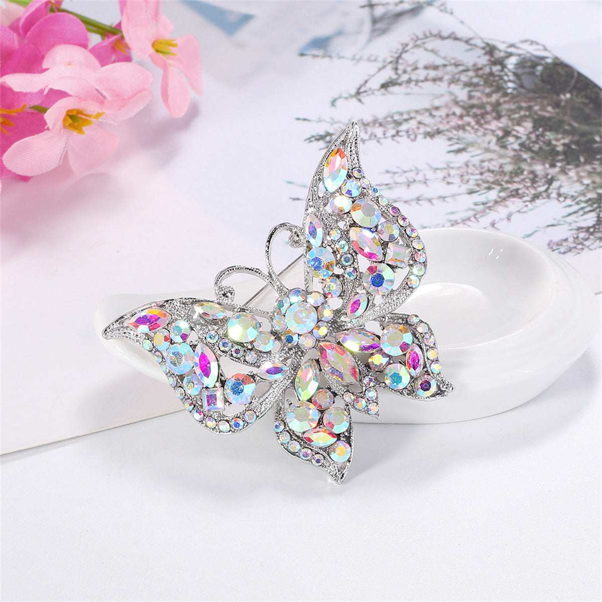 Red & Multicolor Cubic Zirconia Silvertone Butterfly Brooch