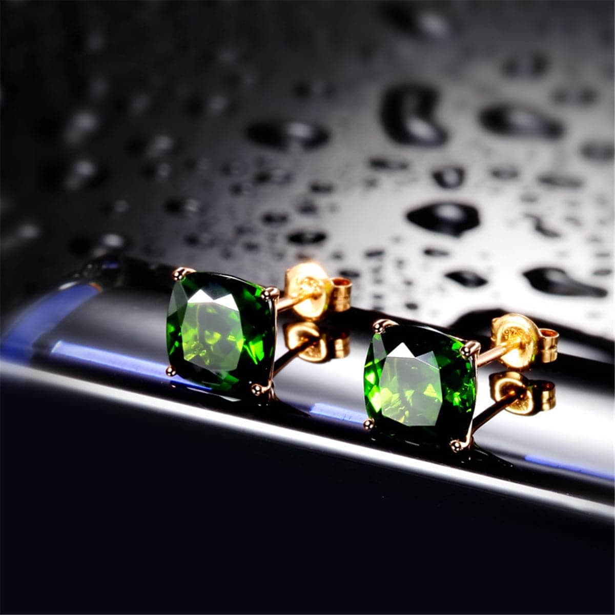 Green Crystal & Rose Goldtone Square Stud Earrings