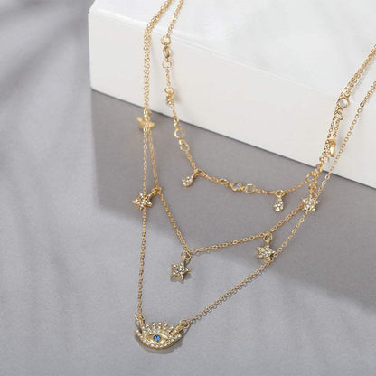 Cubic Zirconia & Goldtone Star & Eye Layered Necklace
