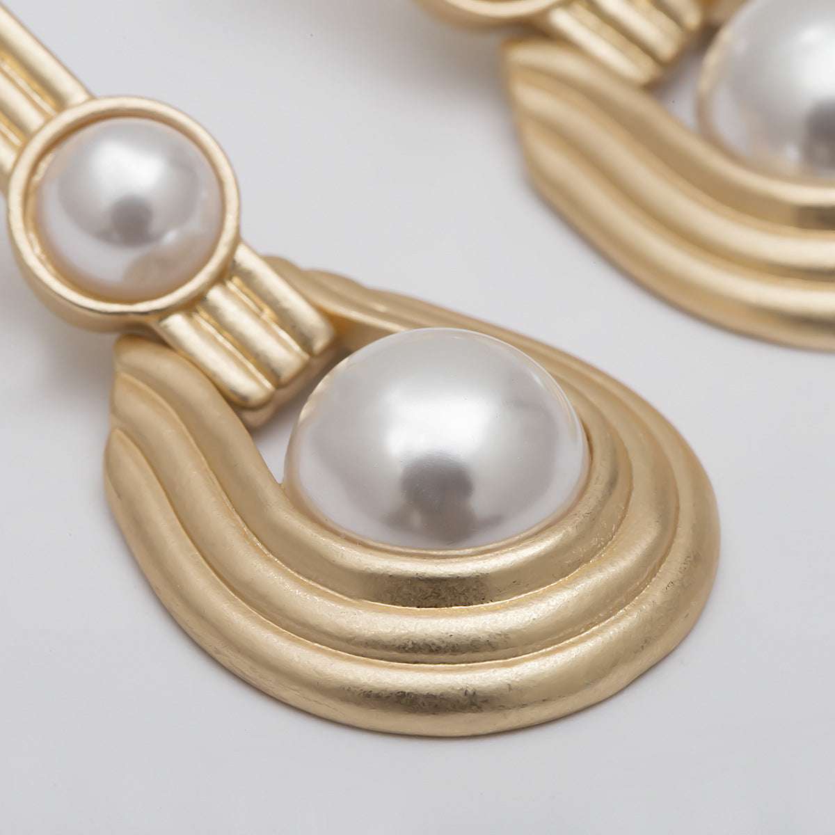 Pearl & Goldtone Textured Oval Drop Earrings