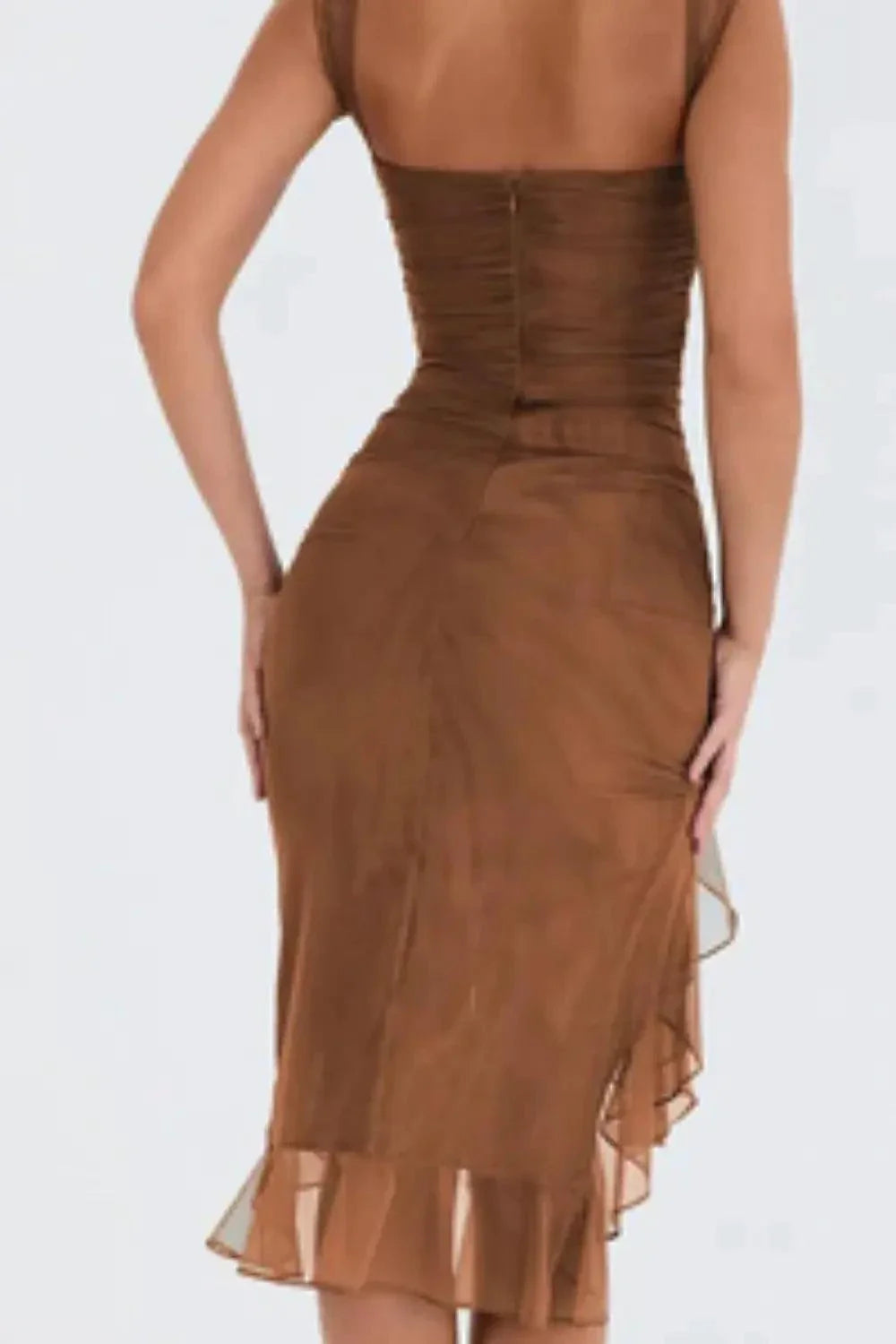 Mandotos Olive Green Ruffled Midi Dress With Ruched Bodice And Tiered Hem For Summer
