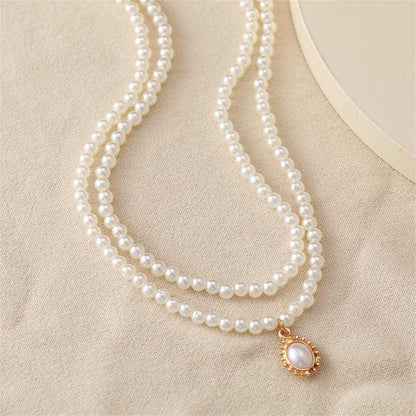 Pearl & Goldtone Oval Pendant Layered Necklace