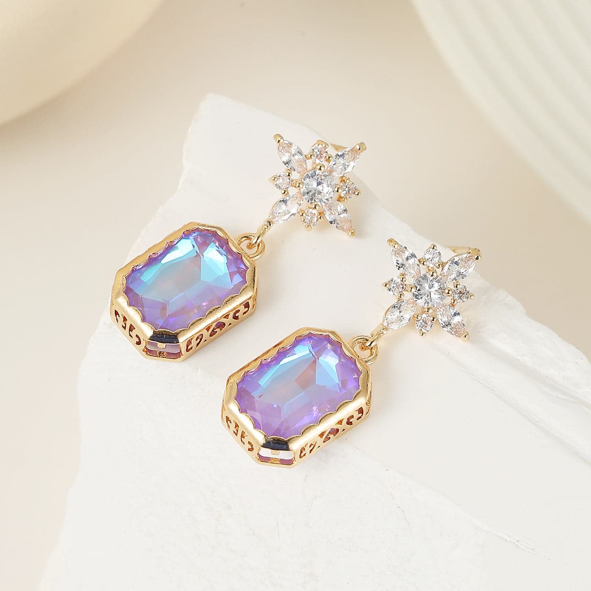 Purple Crystal & Cubic Zirconia Goldtone Star Rectangle Dangle Earrings