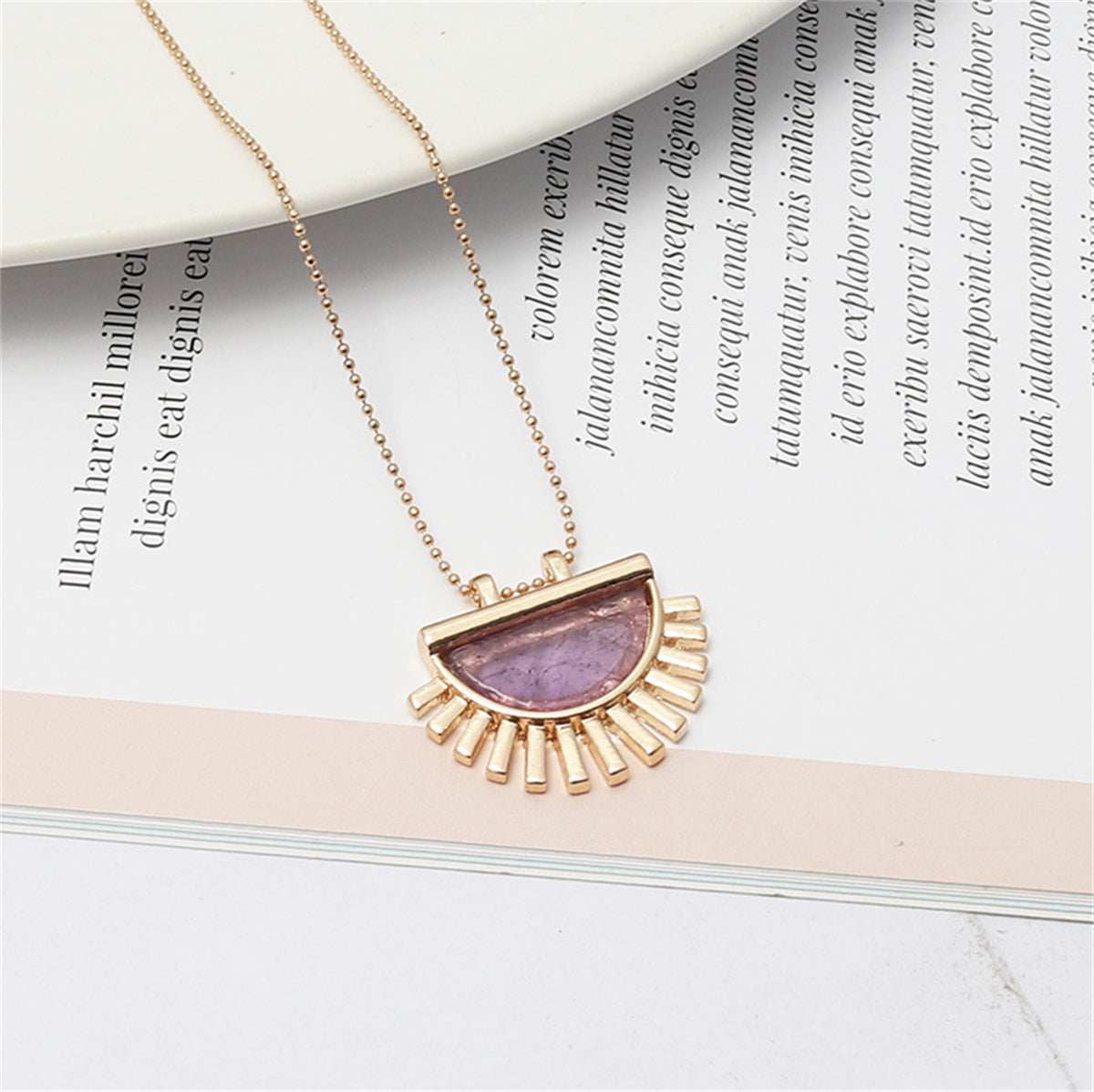 Purple Crystal & Goldtone Fan Pendant Necklace