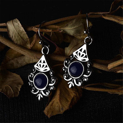 Retro Blue Crystal & Silvertone Filigree Drop Earrings