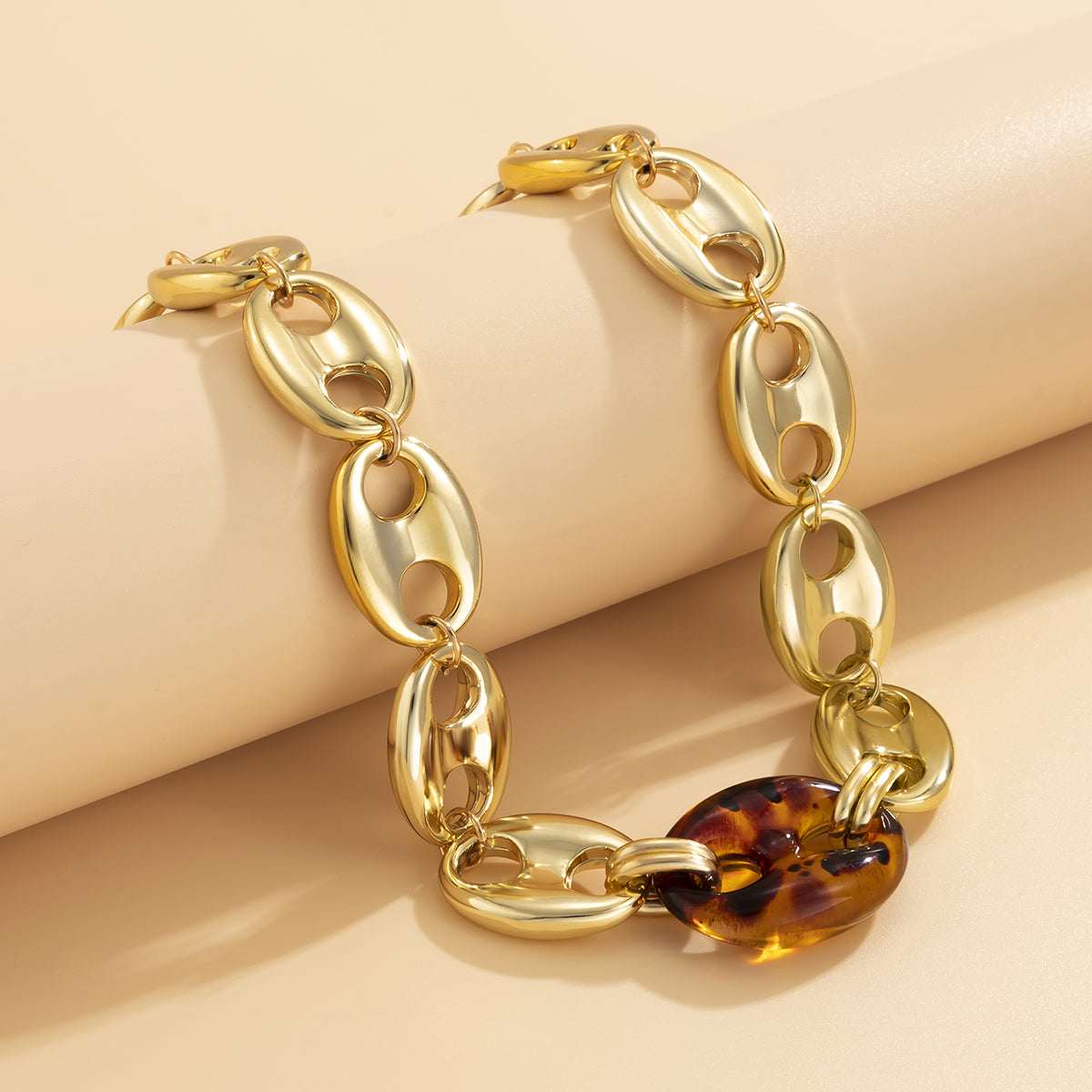 Brown Resin & Goldtone Mariner Chain Choker Necklace