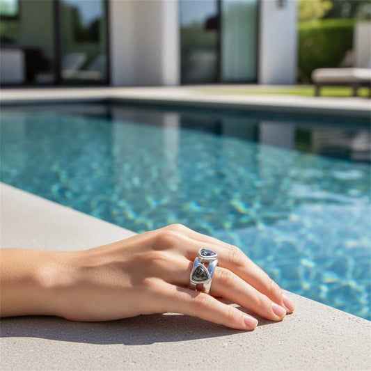 Gray Crystal & Silvertone Triangle Cluster Layered Open Ring