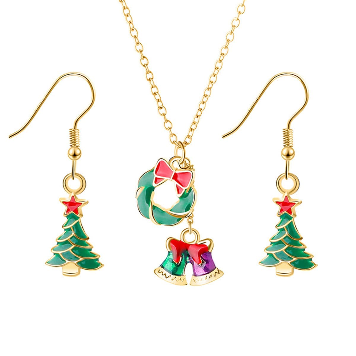 Green Enamel & Goldtone Bell Pendant Necklace & Earrings